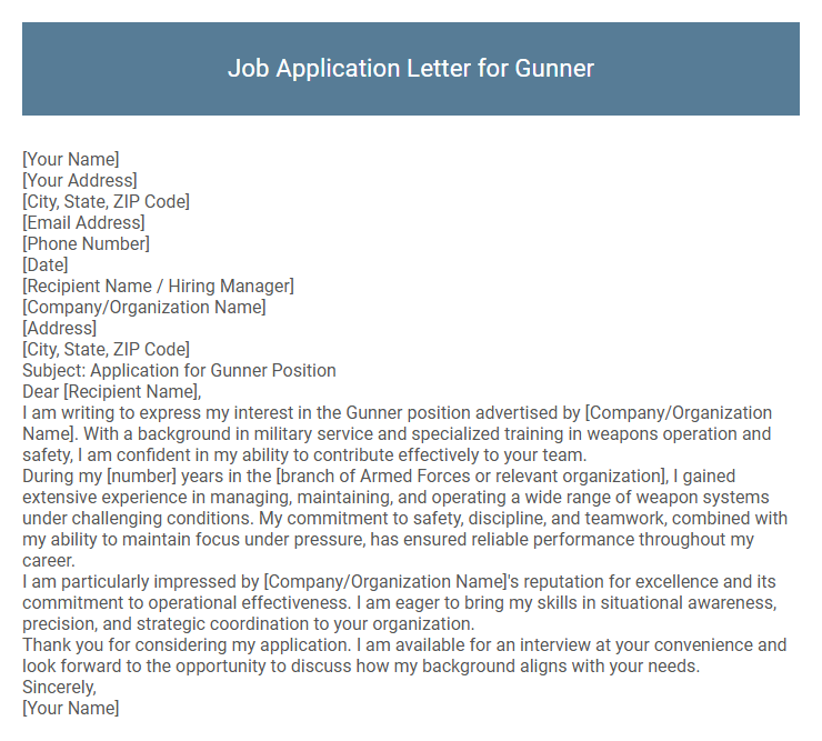 Job Application Letter for Gunner