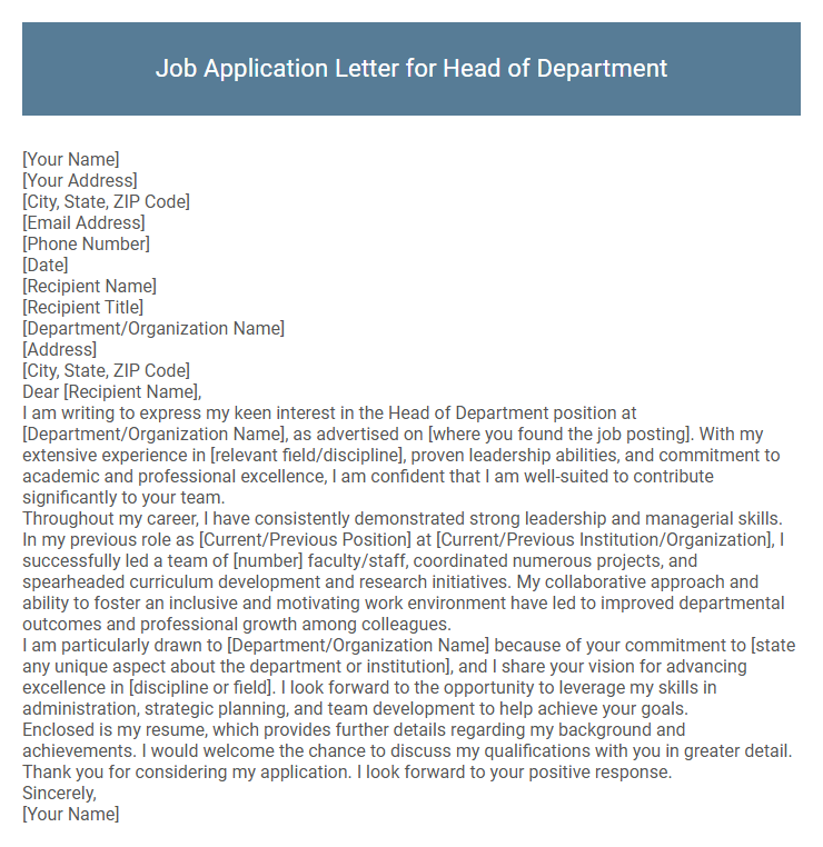Job Application Letter for Head of Department