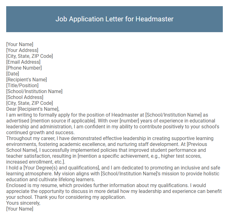 Job Application Letter for Headmaster