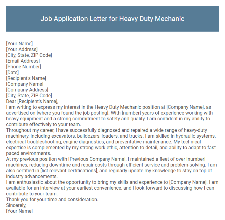 Job Application Letter for Heavy Duty Mechanic