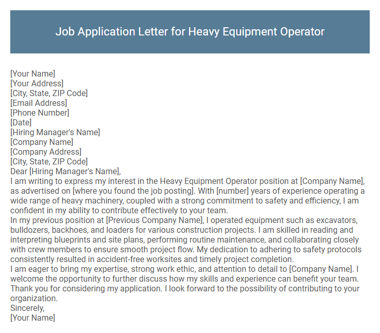 Job Application Letter for Heavy Equipment Operator