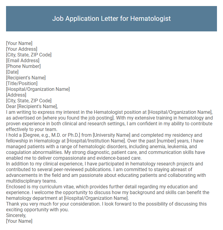 Job Application Letter for Hematologist