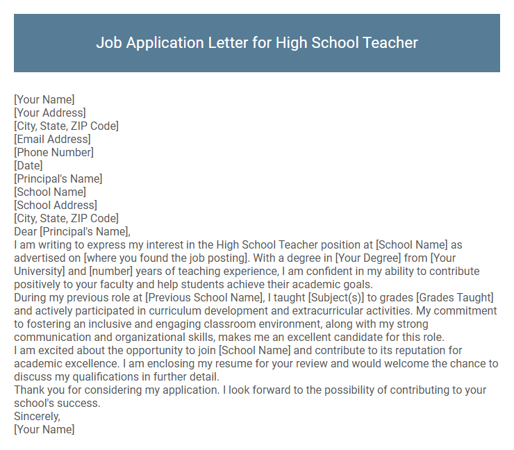 Job Application Letter for High School Teacher