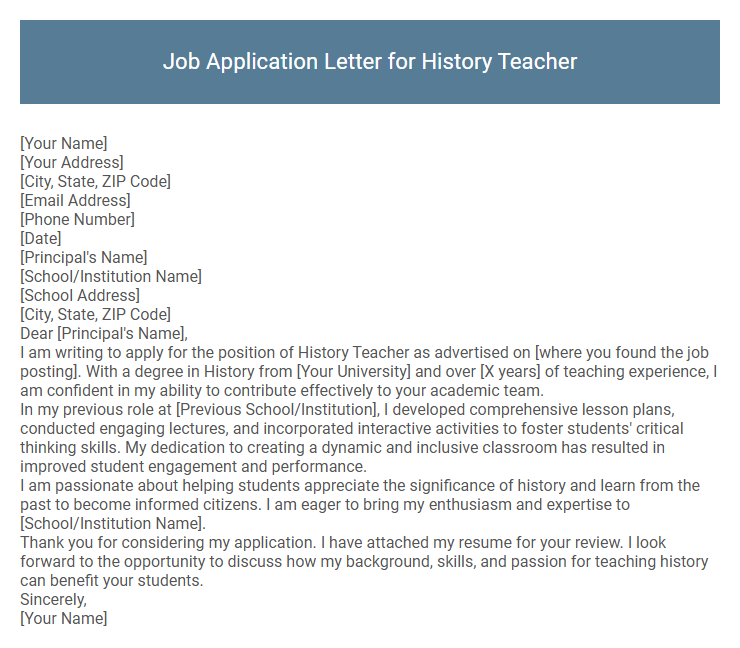 Job Application Letter for History Teacher