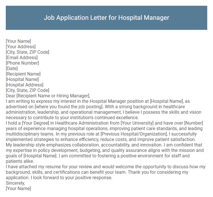 Job Application Letter for Hospital Manager