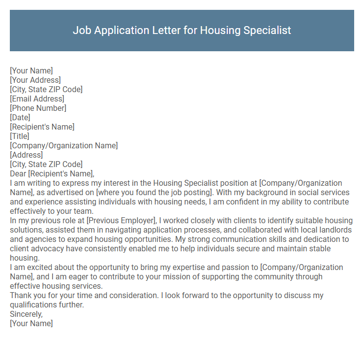 Job Application Letter for Housing Specialist