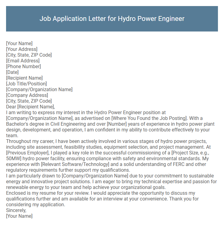 Job Application Letter for Hydro Power Engineer