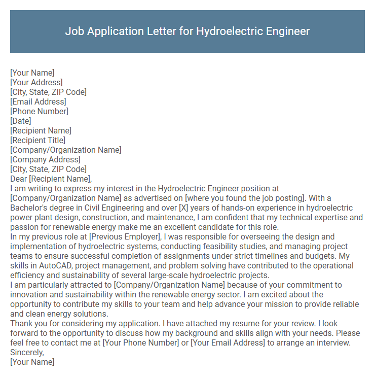 Job Application Letter for Hydroelectric Engineer