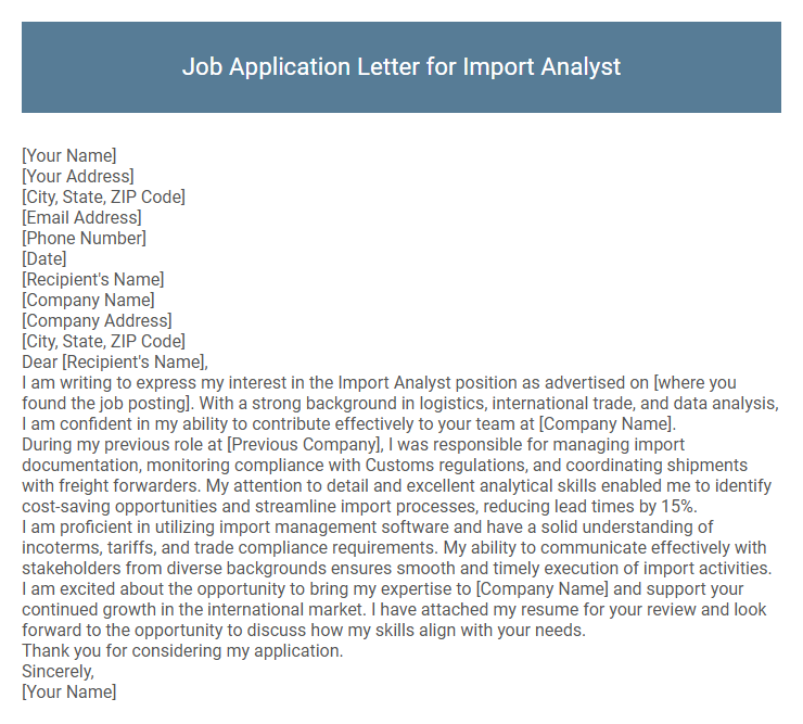 Job Application Letter for Import Analyst