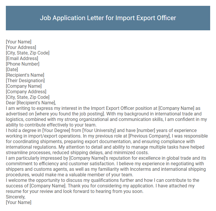 Job Application Letter for Import Export Officer