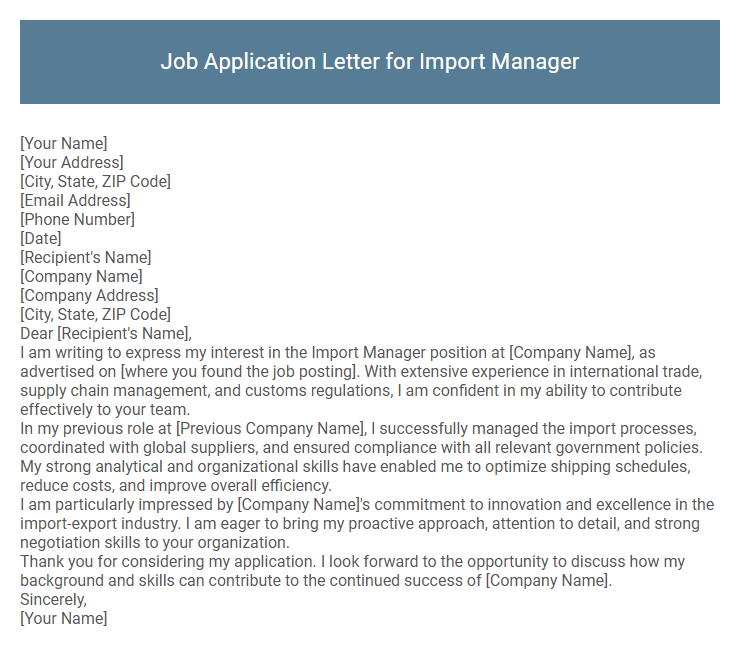 Job Application Letter for Import Manager