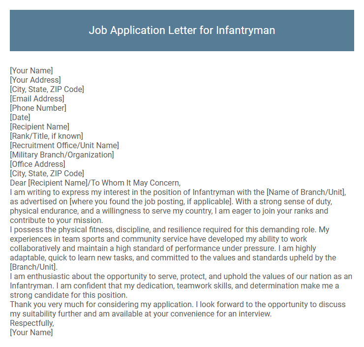 Job Application Letter for Infantryman