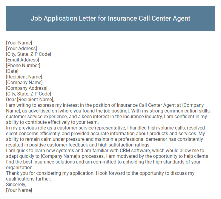 Job Application Letter for Insurance Call Center Agent