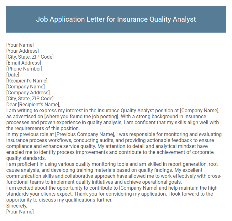 Job Application Letter for Insurance Quality Analyst
