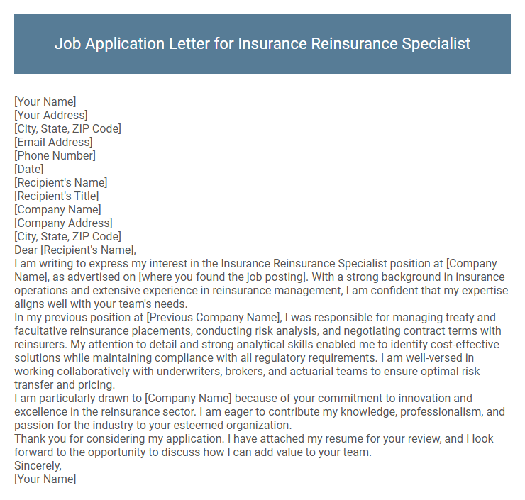 Job Application Letter for Insurance Reinsurance Specialist