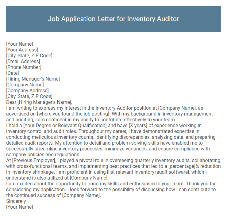 Job Application Letter for Inventory Auditor