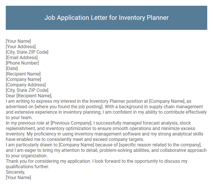 Job Application Letter for Inventory Planner