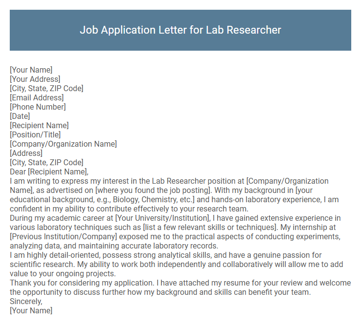 Job Application Letter for Lab Researcher