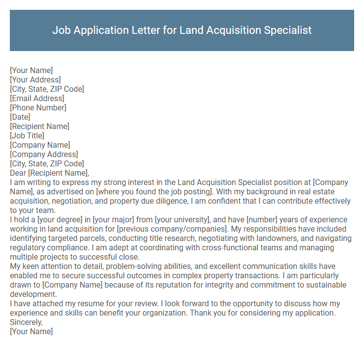 Job Application Letter for Land Acquisition Specialist