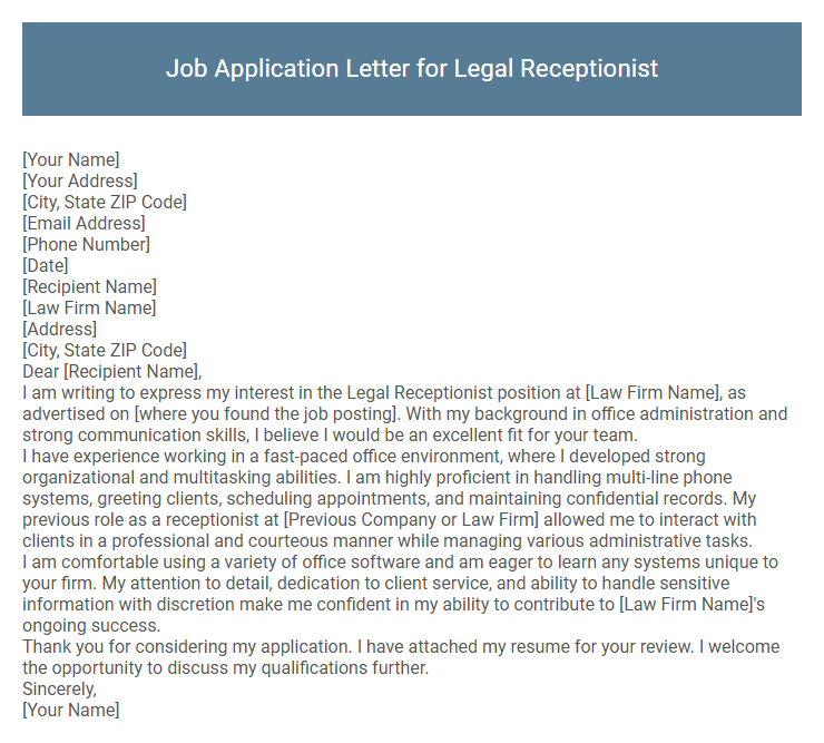Job Application Letter for Legal Receptionist