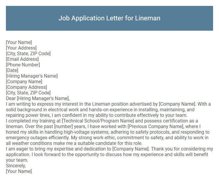 Job Application Letter for Lineman