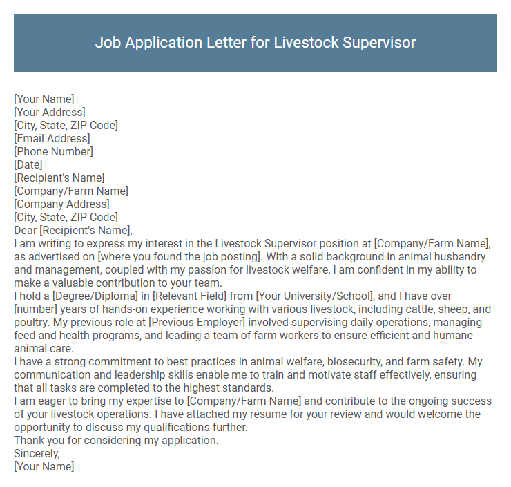 Job Application Letter for Livestock Supervisor