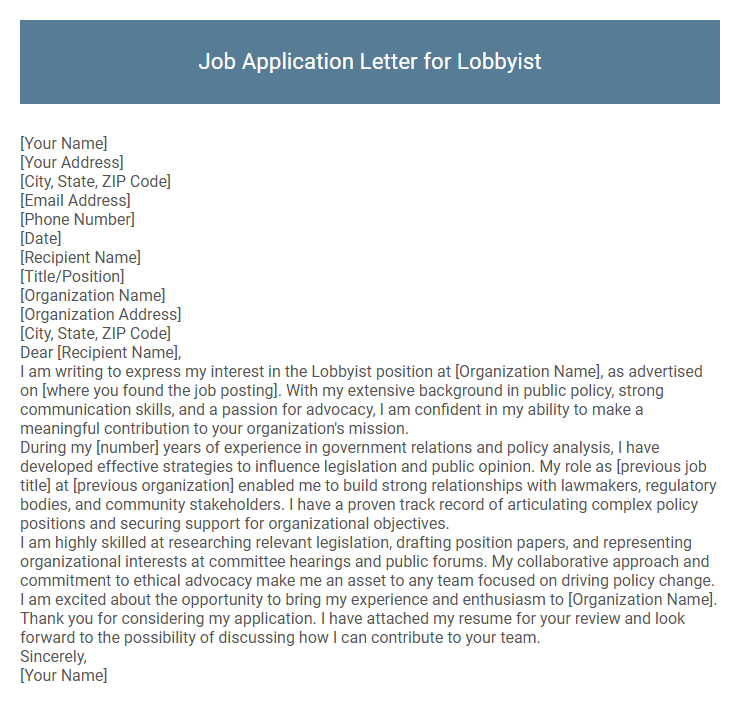 Job Application Letter for Lobbyist