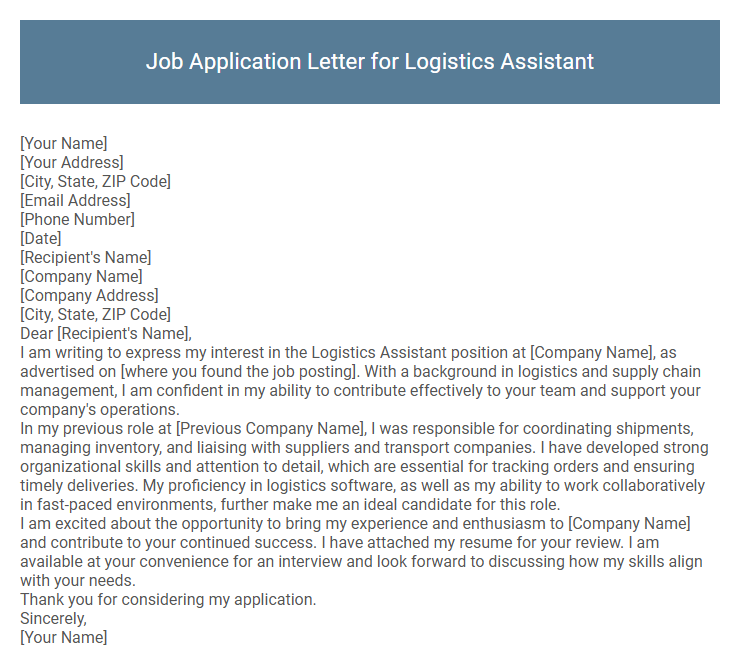 Job Application Letter for Logistics Assistant