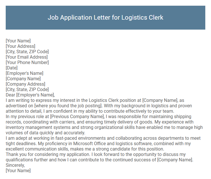 Job Application Letter for Logistics Clerk