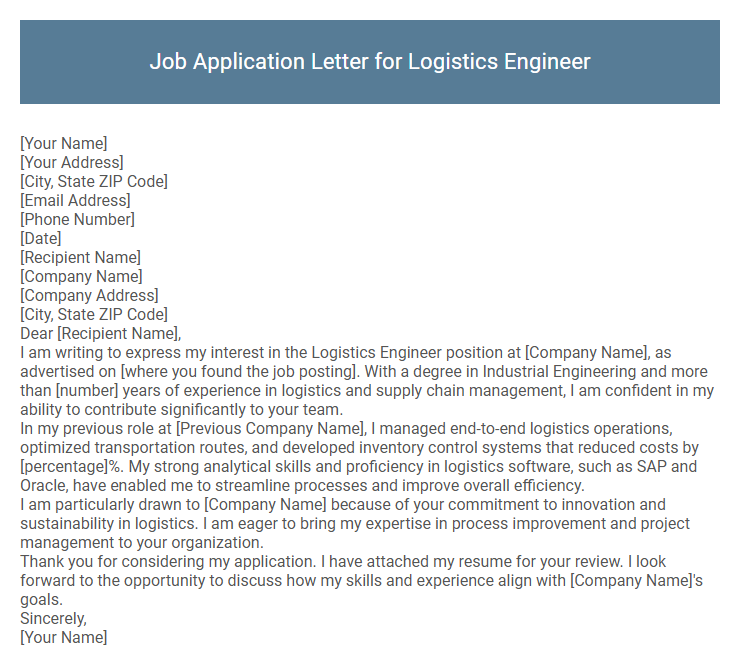 Job Application Letter for Logistics Engineer