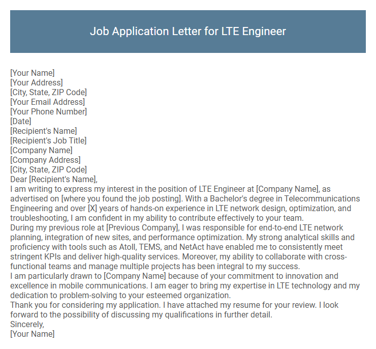 Job Application Letter for LTE Engineer
