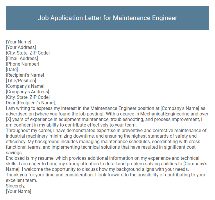 Job Application Letter for Maintenance Engineer