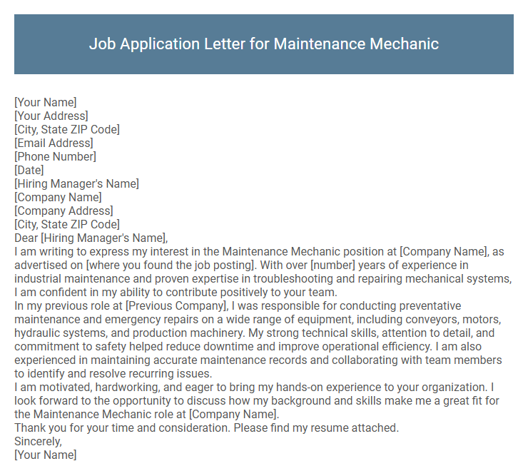 Job Application Letter for Maintenance Mechanic