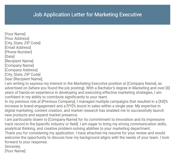 Job Application Letter for Marketing Executive
