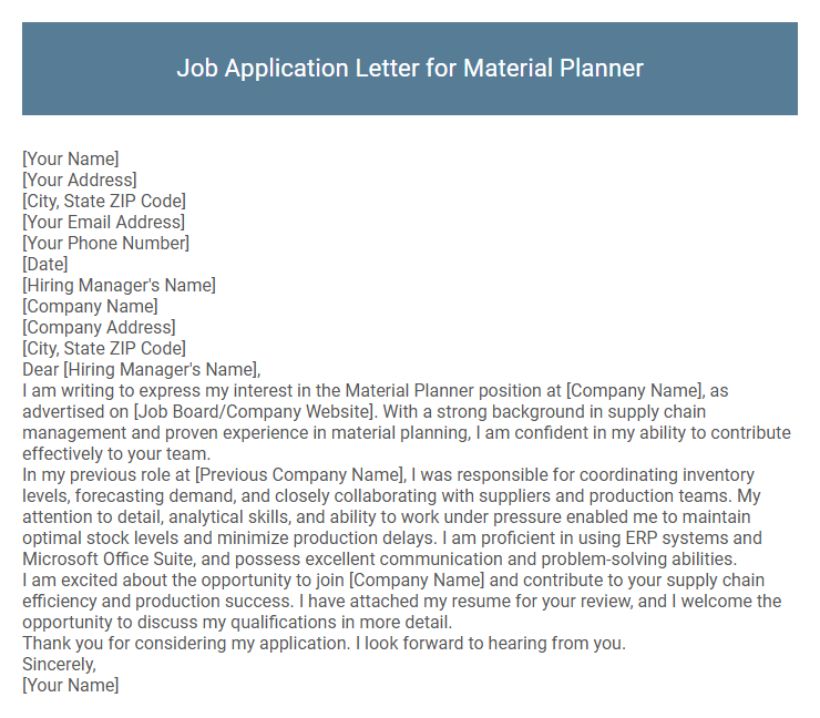 Job Application Letter for Material Planner
