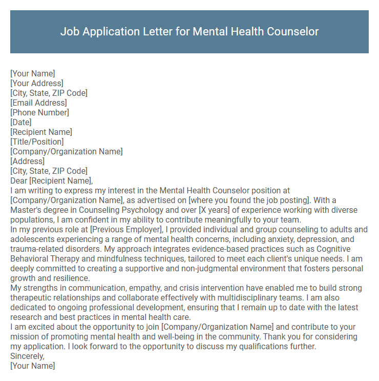 Job Application Letter for Mental Health Counselor