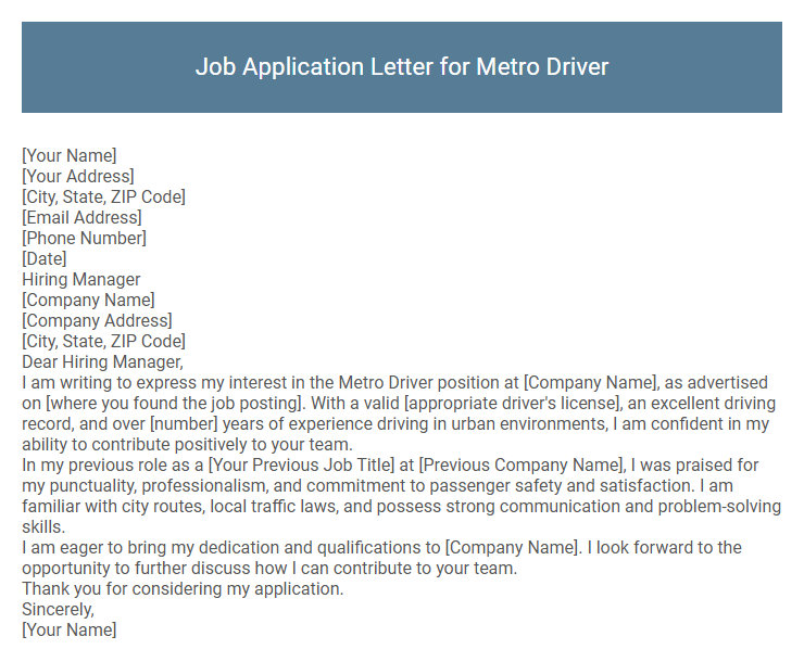 Job Application Letter for Metro Driver