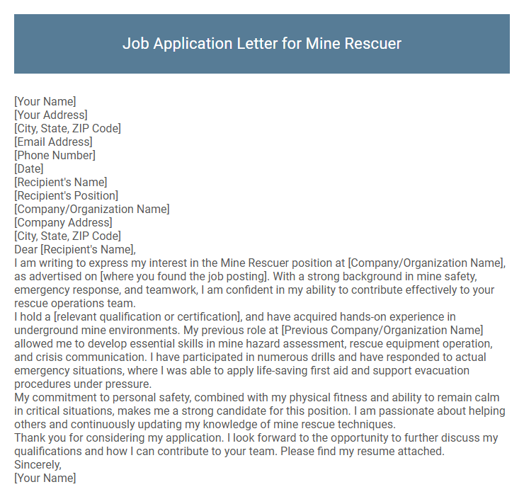 Job Application Letter for Mine Rescuer
