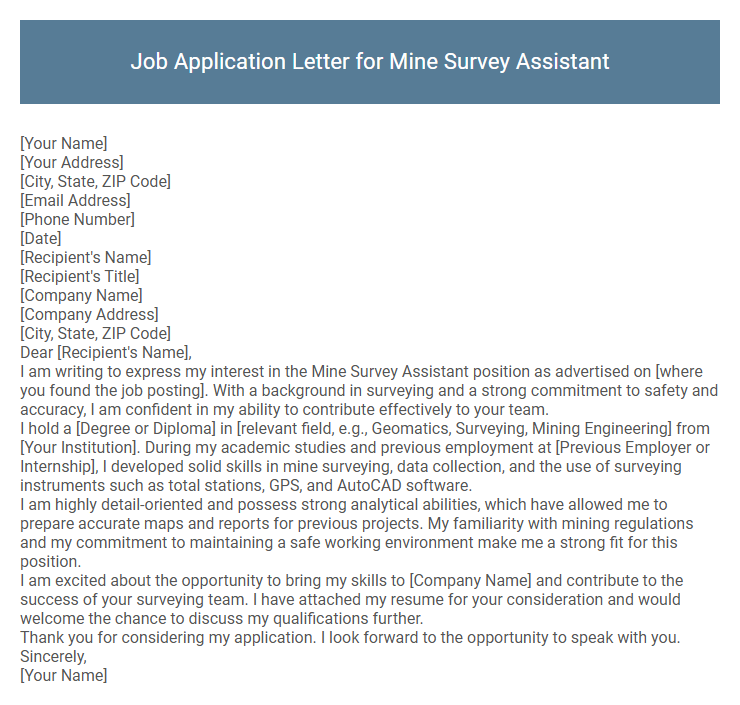 Job Application Letter for Mine Survey Assistant