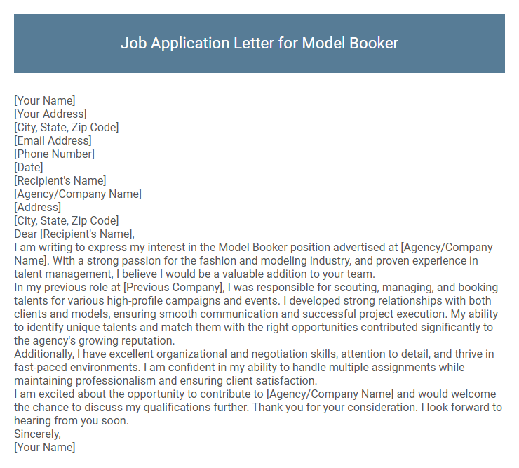 Job Application Letter for Model Booker