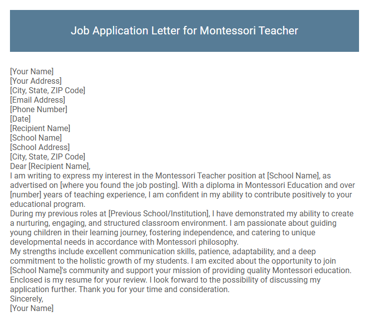 Job Application Letter for Montessori Teacher