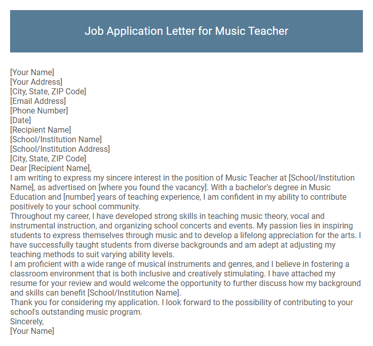 Job Application Letter for Music Teacher