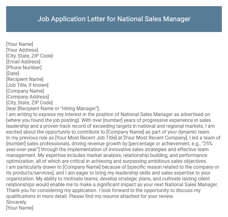 Job Application Letter for National Sales Manager