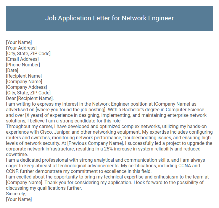 Job Application Letter for Network Engineer