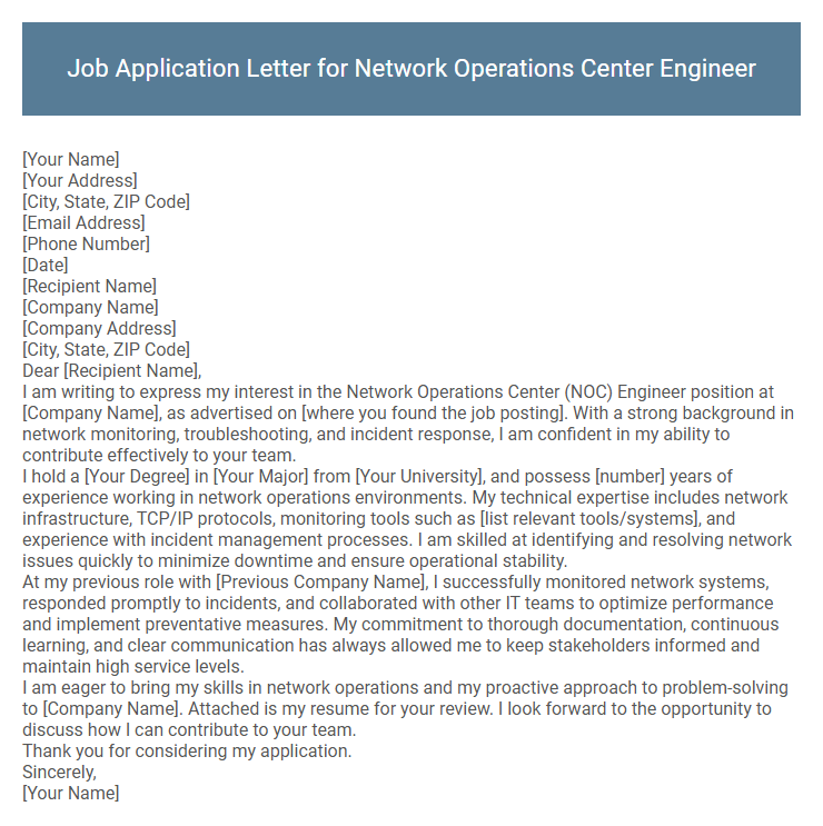 Job Application Letter for Network Operations Center Engineer