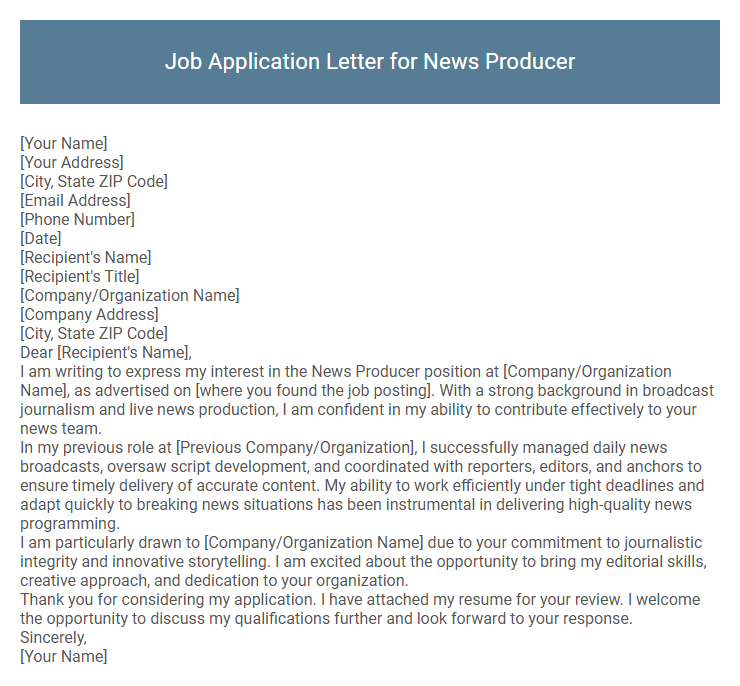 Job Application Letter for News Producer