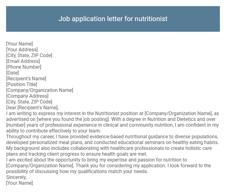 Job application letter for nutritionist