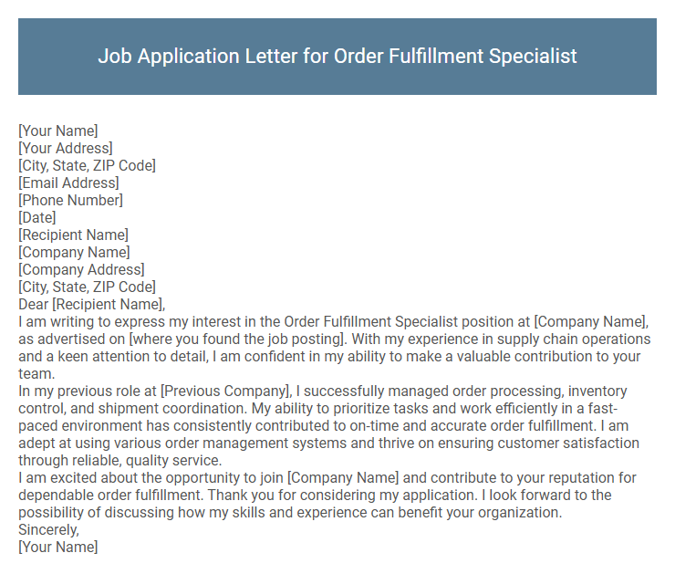 Job Application Letter for Order Fulfillment Specialist