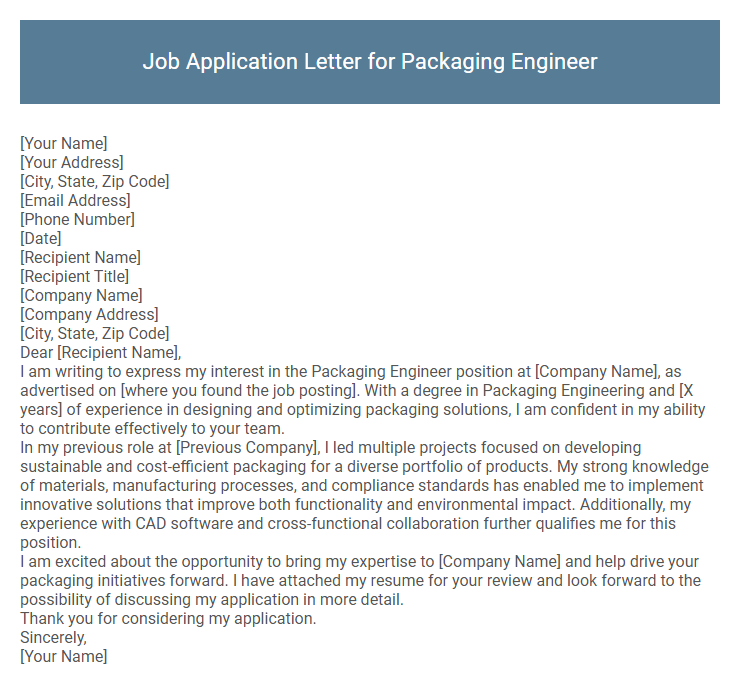 Job Application Letter for Packaging Engineer