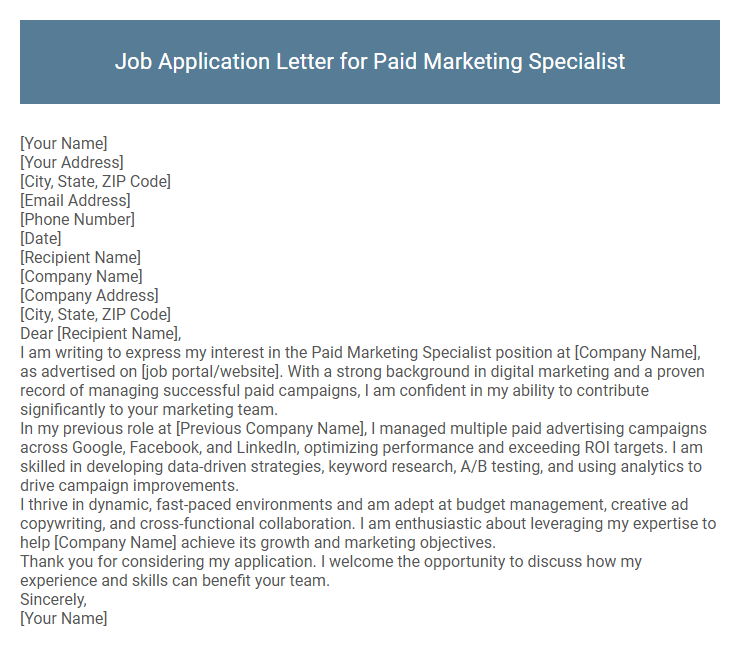 Job Application Letter for Paid Marketing Specialist